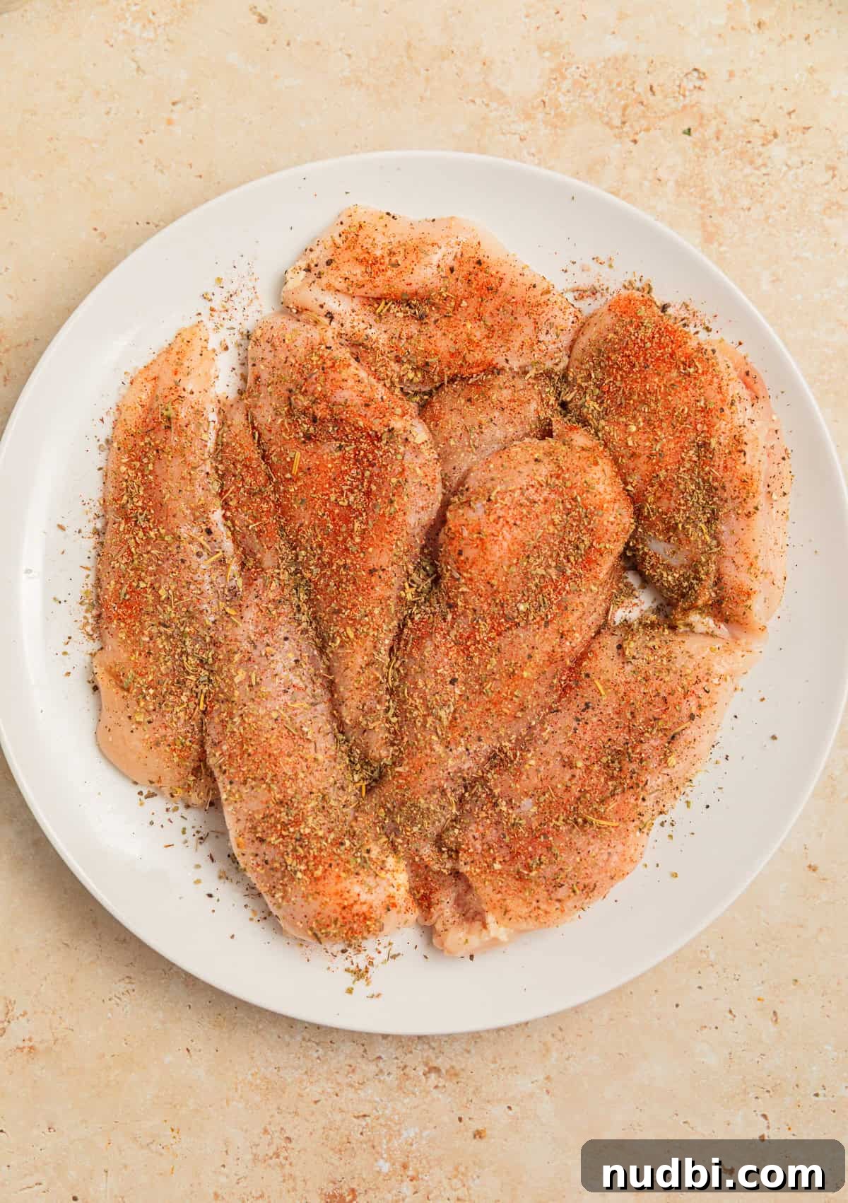 One-Pan Chicken and Rice Skillet Recipe for Flavorful Weeknights 5 Seasoned raw chicken on white plate.