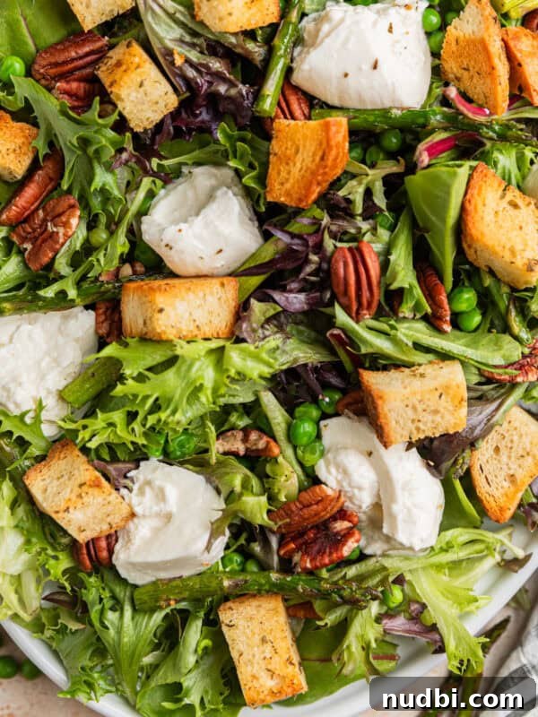 Roasted Sweet Potato and Kale Salad with Maple Dijon Dressing 15 Spring green salad with asparagus, burrata, peas, homemade croutons, and pecans.