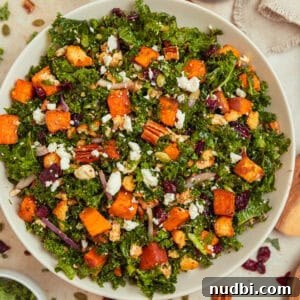 Roasted Sweet Potato and Kale Salad with Maple Dijon Dressing 17 Roasted sweet potatoes and kale salad with cranberries, pecans, toasted pepitas and other ingredients.