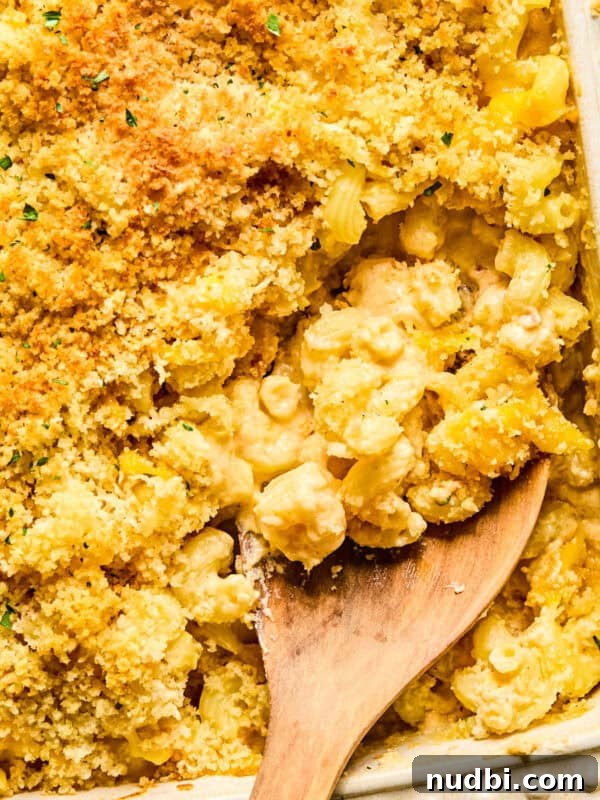 Macaroni and cheese in pan baked with breadcrumbs and chopped parsley on top.
