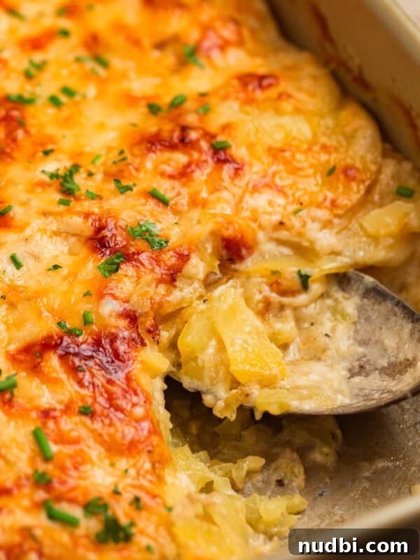 Gruyere scalloped potatoes in pan with serving spoon.