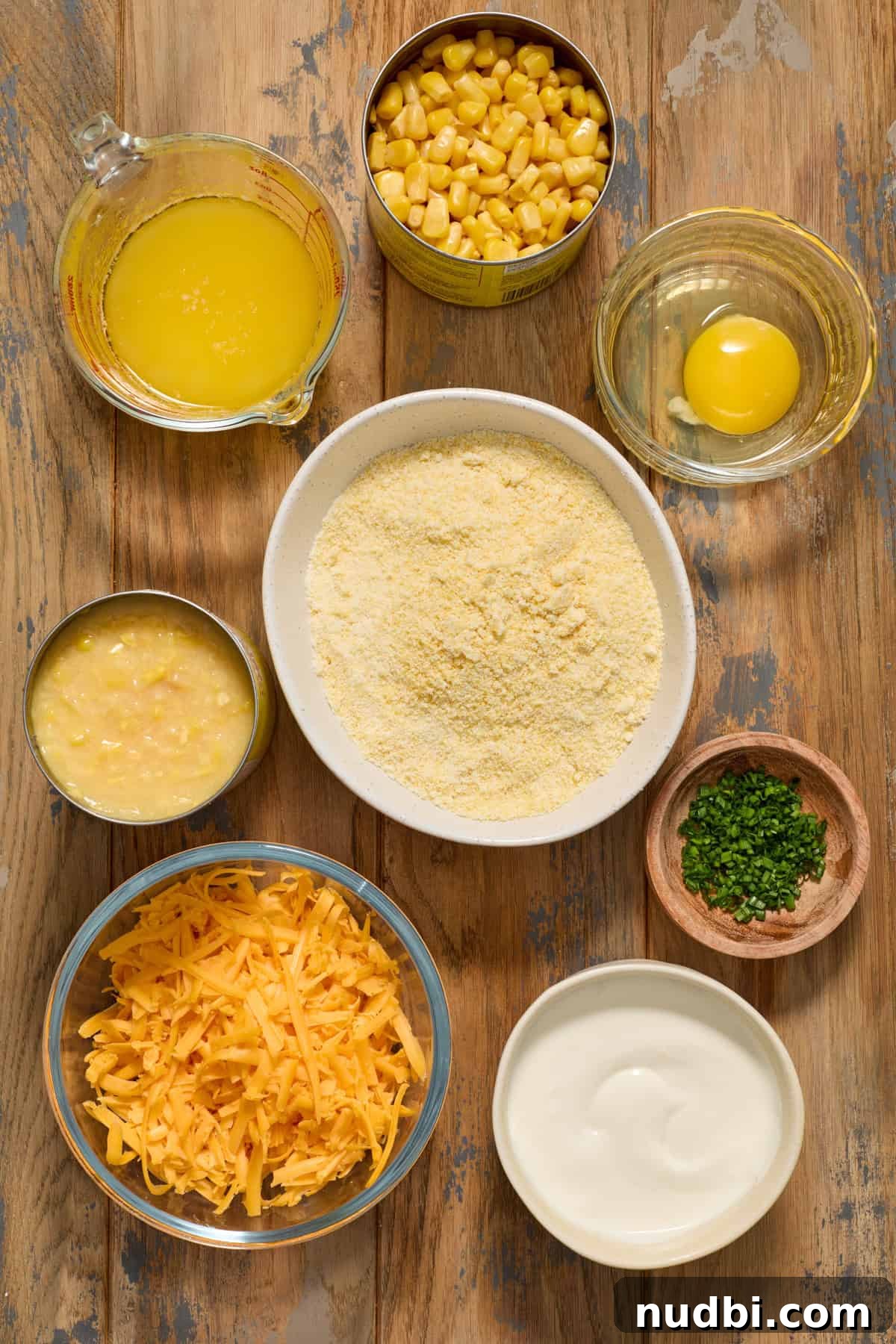 Cornbread mix, egg, canned corn and other ingredients on wood surface.