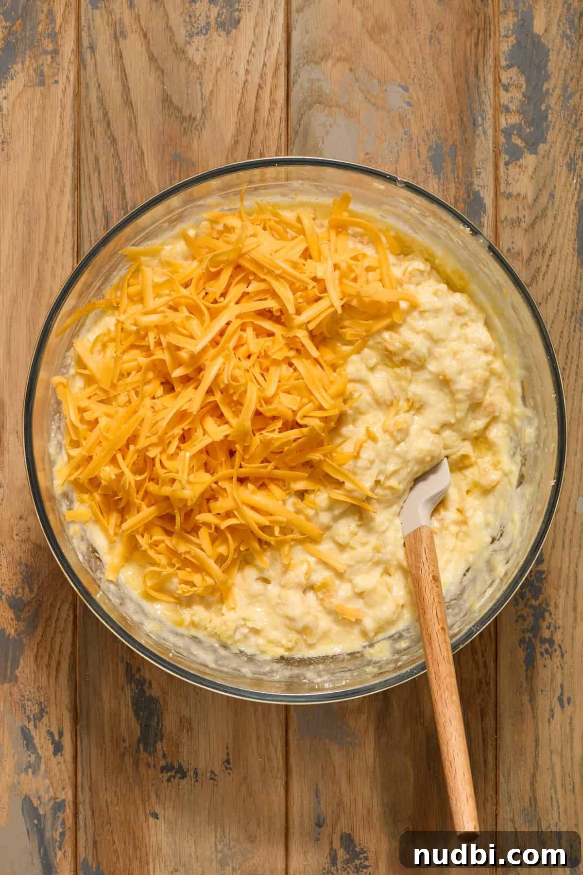 Cornbread casserole mixture in bowl with spatula and shredded cheddar cheese added.