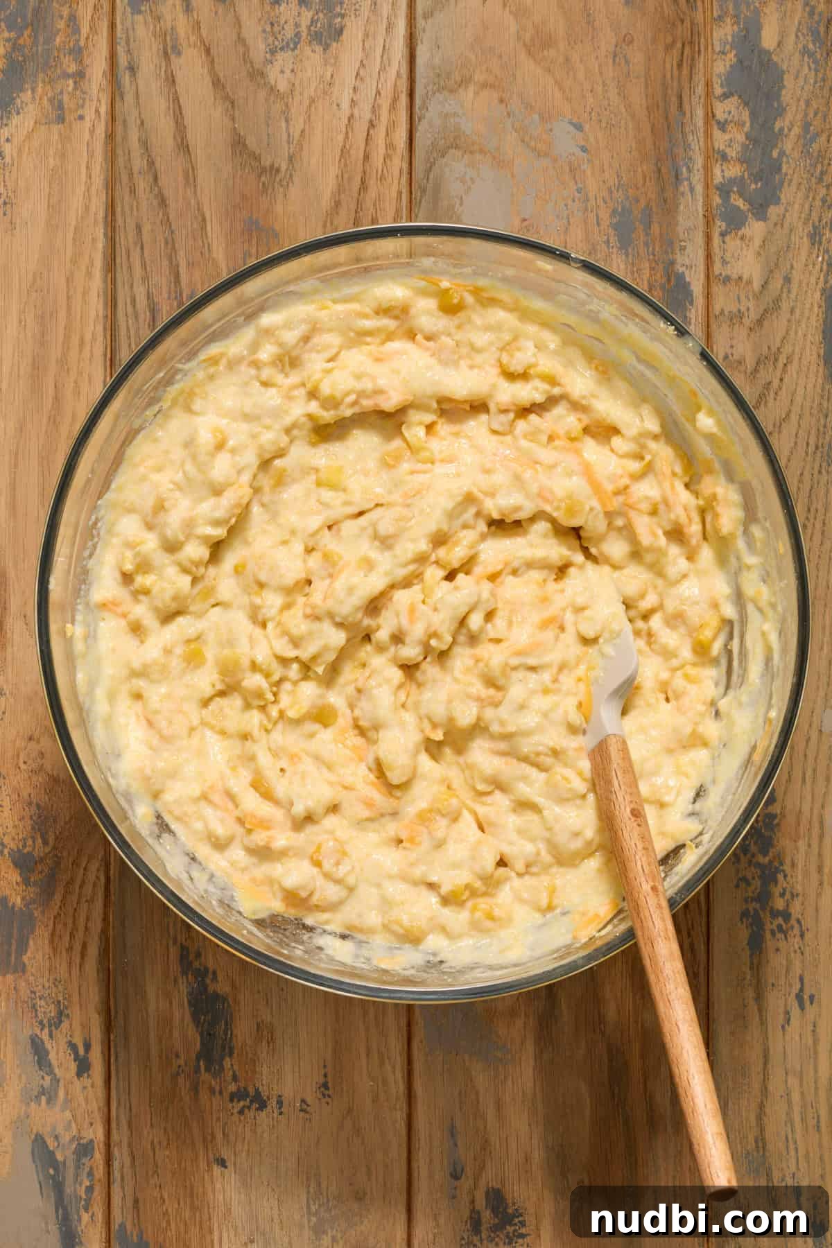 Cheesy cornbread casserole mixture in bowl with spoon.