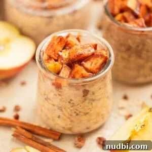 Apple overnight oats in jar topped with cinnamon apples.