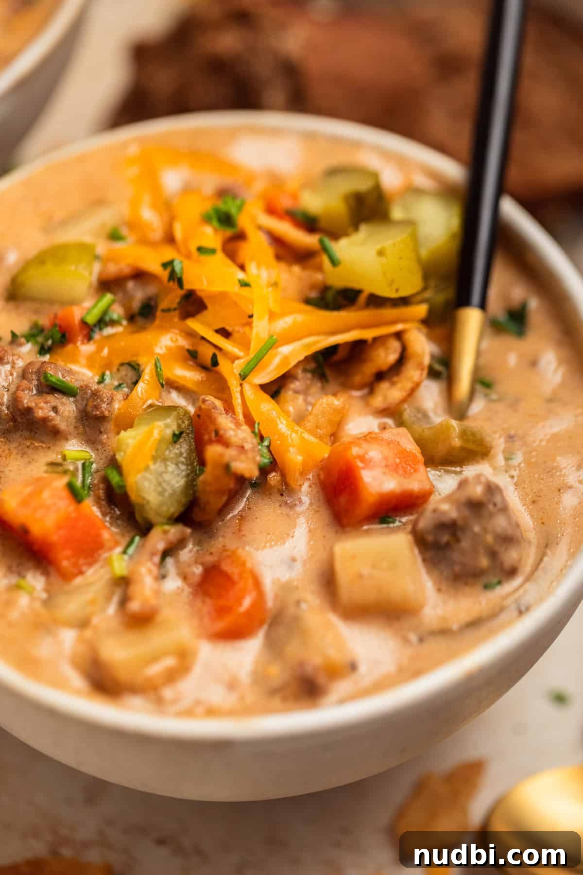 Slow Cooker Cheeseburger Soup Recipe for Weeknight Dinners 2 Cheeseburger soup in bowl with cheese and pickles on top and spoon scooping in.