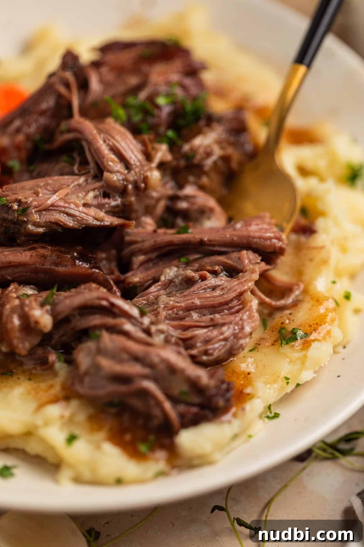 Slow-Cooker Red Wine Braised Short Ribs for Dinner 2 Crock pot red wine short ribs served over mashed potatoes.