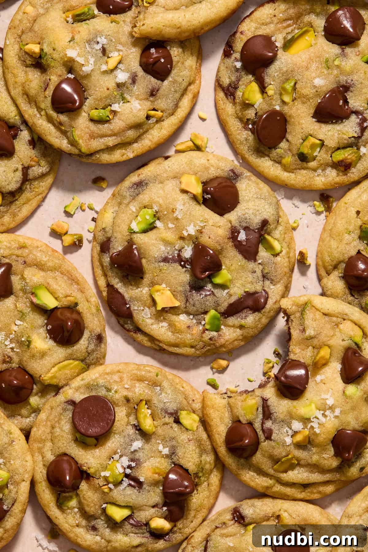 Chewy Pistachio Chocolate Chip Cookies Recipe for Home Bakers 2 Sea salt pistachio chocolate chip cookies arranged on surface with flaked sea salt over top.