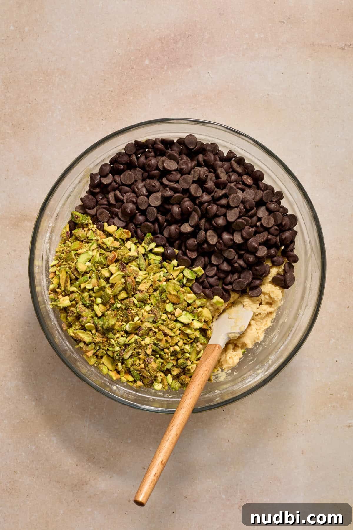 Chewy Pistachio Chocolate Chip Cookies Recipe for Home Bakers 11 Pistachios and chocolate chips added to bowl with cookie dough.