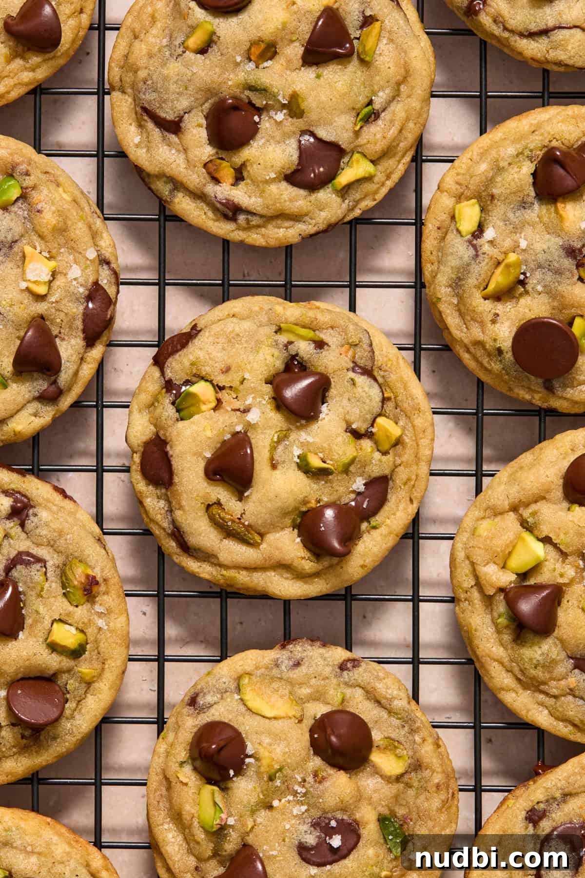 Chewy Pistachio Chocolate Chip Cookies Recipe for Home Bakers 15 Wire rack with pistachio chocolate chip cookies cooling.
