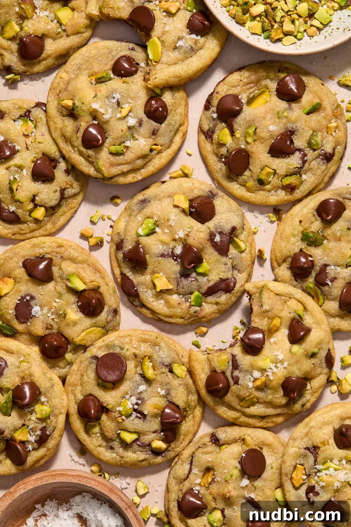 Chewy Pistachio Chocolate Chip Cookies Recipe for Home Bakers 16 Chocolate chip cookies with pistachios added along with bowl of sea salt and pistachios to the side.