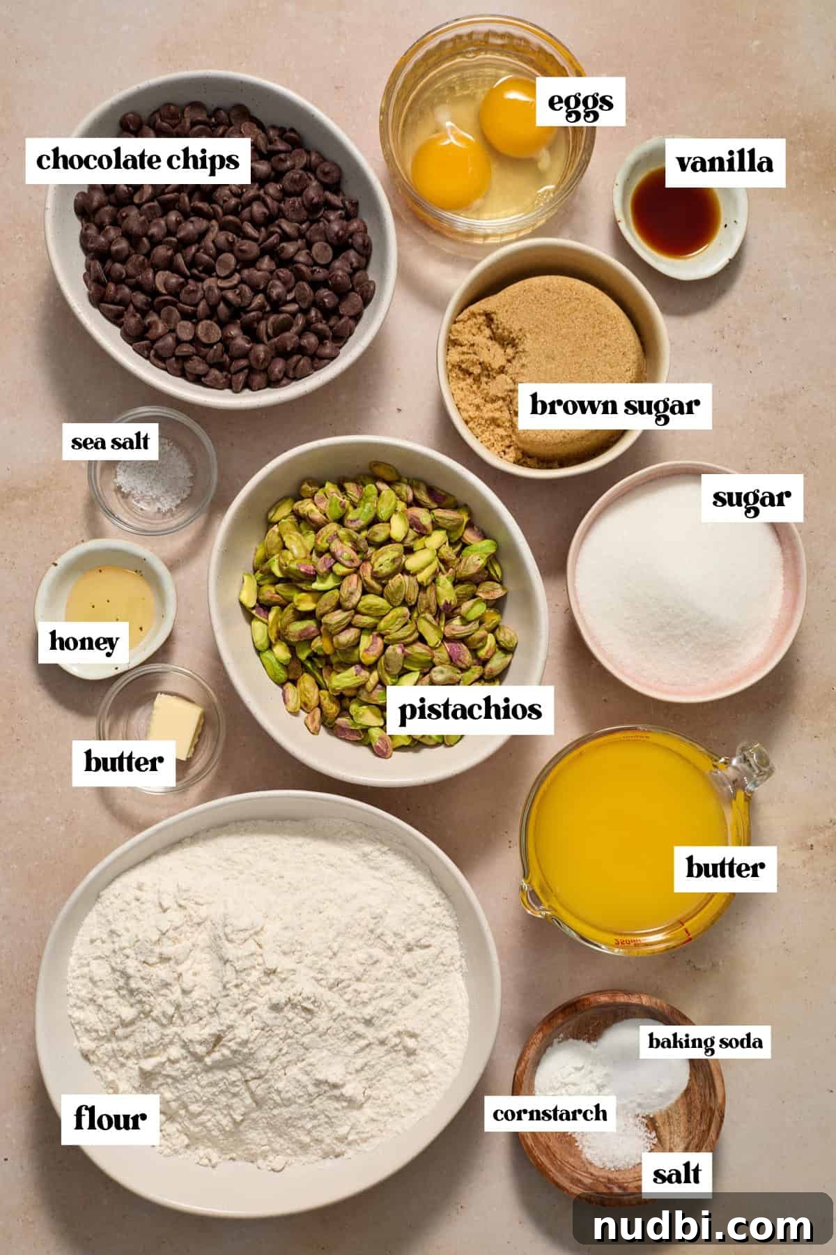 Chewy Pistachio Chocolate Chip Cookies Recipe for Home Bakers 4 Butter, eggs, flour, pistachios, chocolate chips and other ingredients arranged on surface.