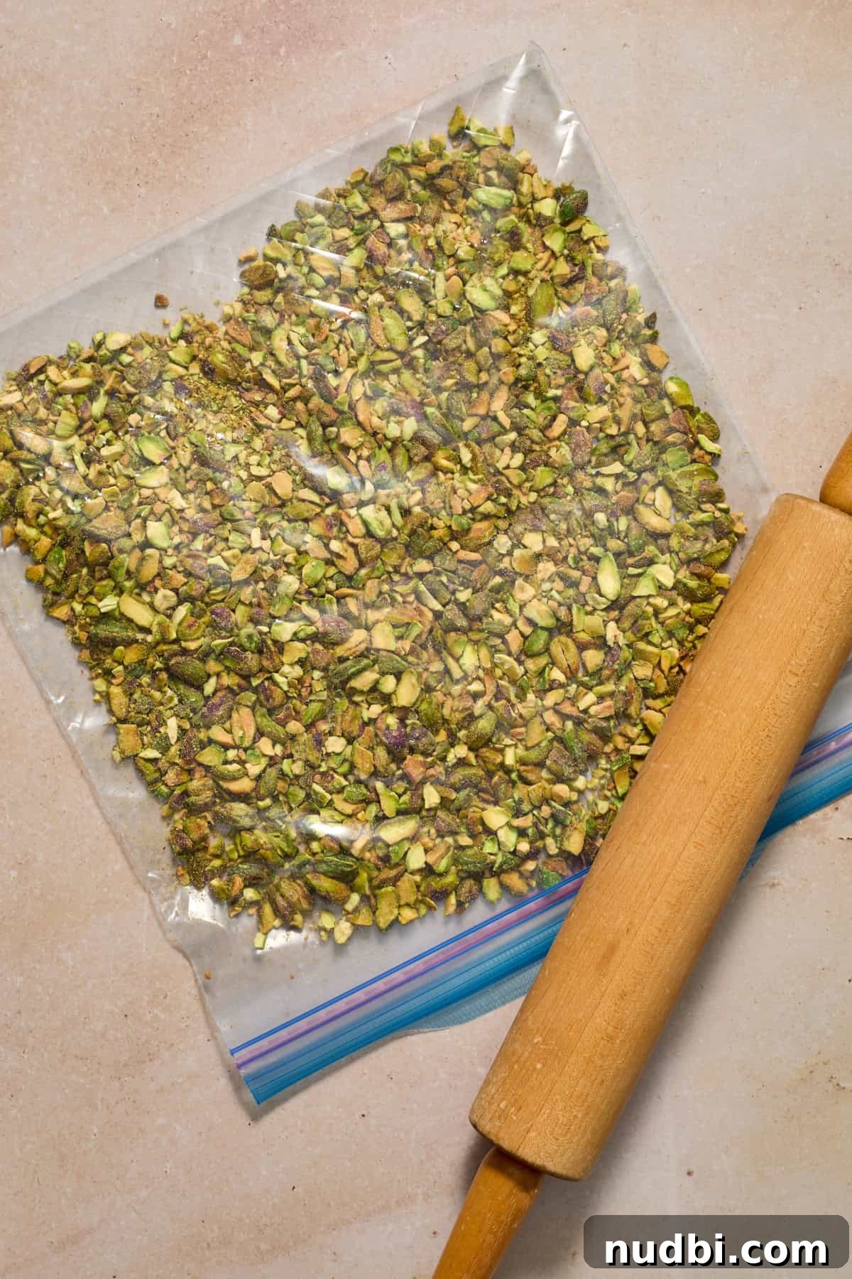 Chewy Pistachio Chocolate Chip Cookies Recipe for Home Bakers 6 Pistachios in plastic bag with rolling pin to crush them up.