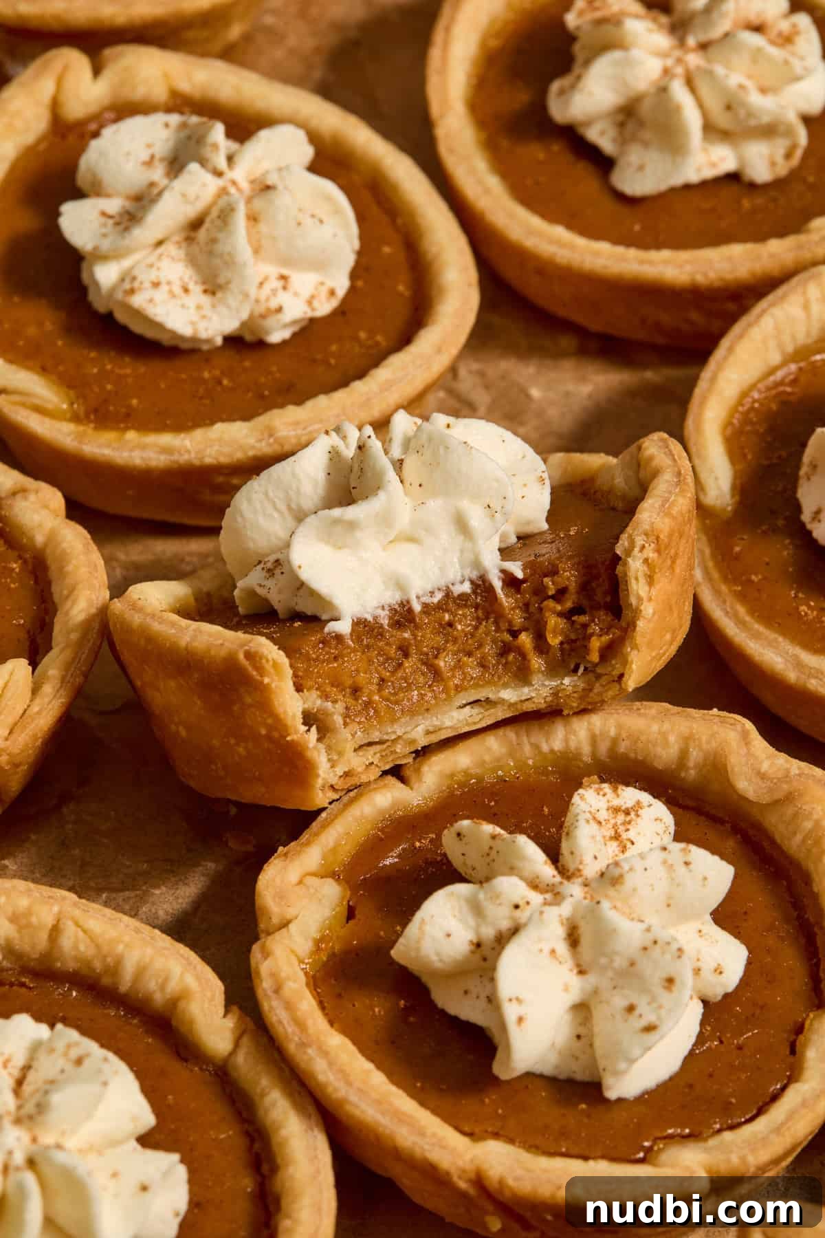 Mini Pumpkin Pies Recipe: Perfect Individual Pumpkin Tarts 13 Miniature pumpkin pies on parchment with bite taken out of one mini pie.