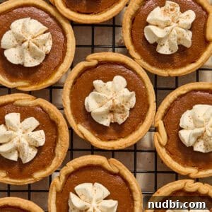 Mini Pumpkin Pies Recipe: Perfect Individual Pumpkin Tarts 14 Mini pumpkin pies on cooling rack with whipped cream piped on top.