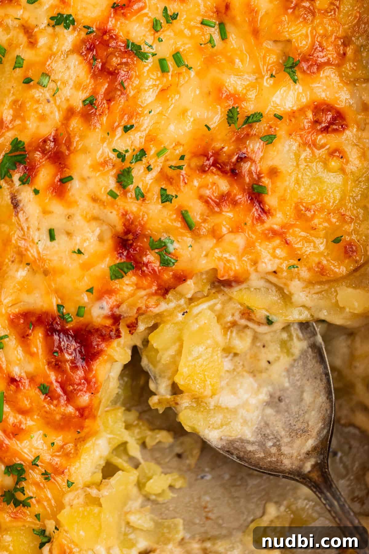 Creamy Gruyère Scalloped Potatoes with Garlic and Thyme 2 Cheesy gruyere scalloped potatoes in pan with serving spoon propped in it.
