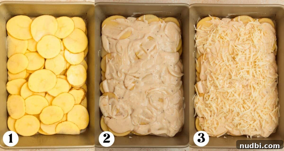 Creamy Gruyère Scalloped Potatoes with Garlic and Thyme 11 Step by step images of scalloped potatoes in layers.