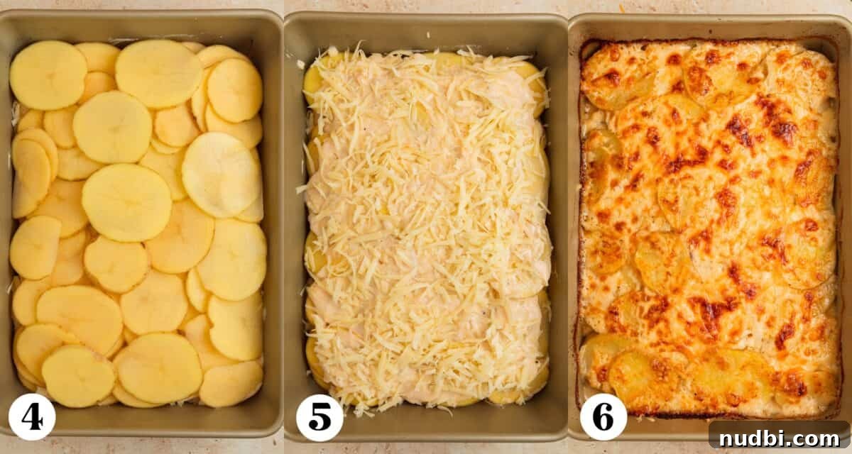 Creamy Gruyère Scalloped Potatoes with Garlic and Thyme 12 Scalloped potatoes being prepped and then final image with baked finished recipe.