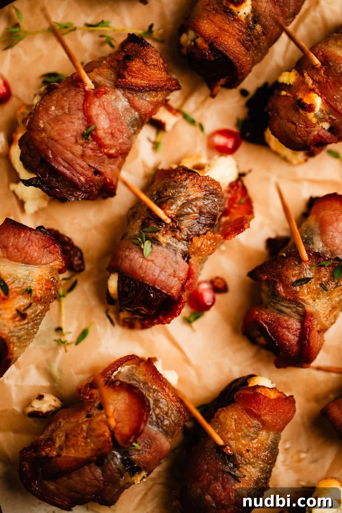 Bacon-Wrapped Dates Stuffed with Goat Cheese and Almonds 2 Bacon wrapped dates stuffed with whipped feta on parchment.