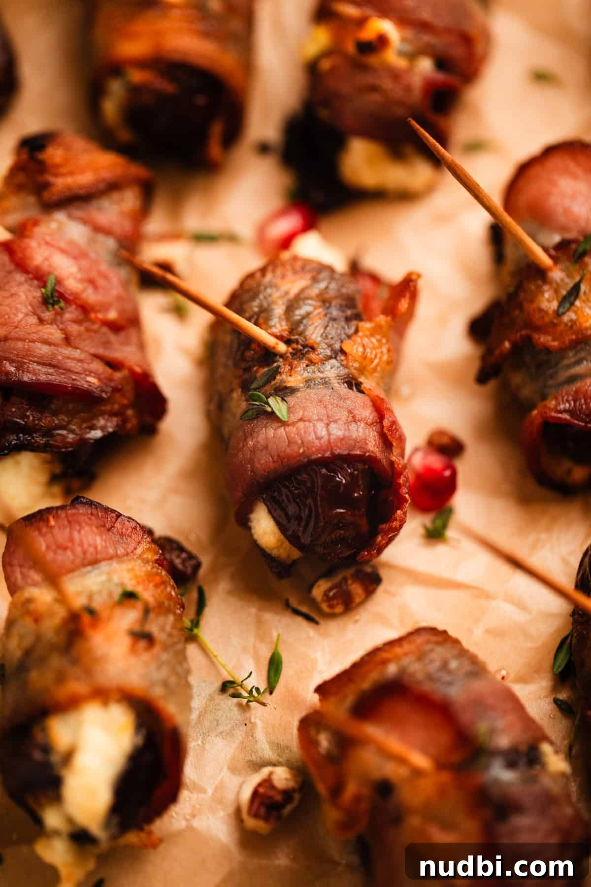 Bacon-Wrapped Dates Stuffed with Goat Cheese and Almonds 11 Stuffed dates on wrapped in bacon on parchment paper.