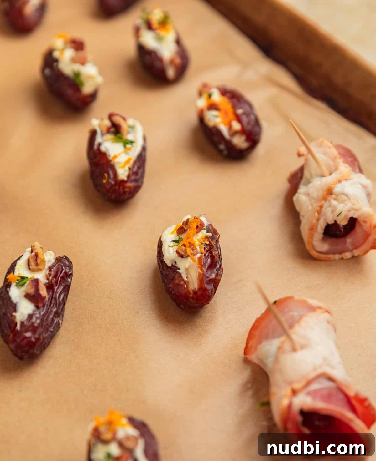 Bacon-Wrapped Dates Stuffed with Goat Cheese and Almonds 7 Dates stuffed with feta and topped with pecans and thyme on parchment.