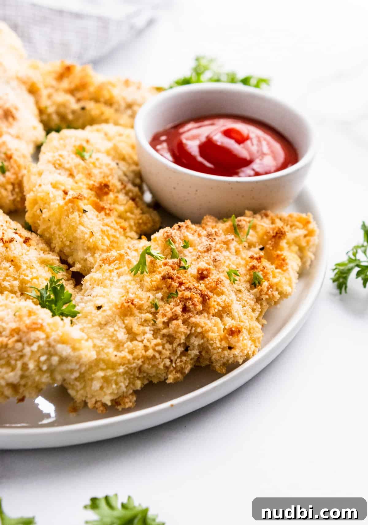 Crispy Cornmeal Chicken Tenders with Southern-Style Seasoning 2 Cornmeal baked breaded chicken tenders on white plate with ketchup.