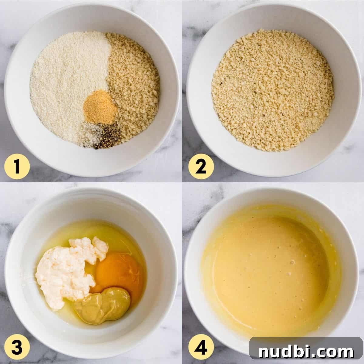 Crispy Cornmeal Chicken Tenders with Southern-Style Seasoning 4 Panko mixture in bowl and egg mixture for breading.