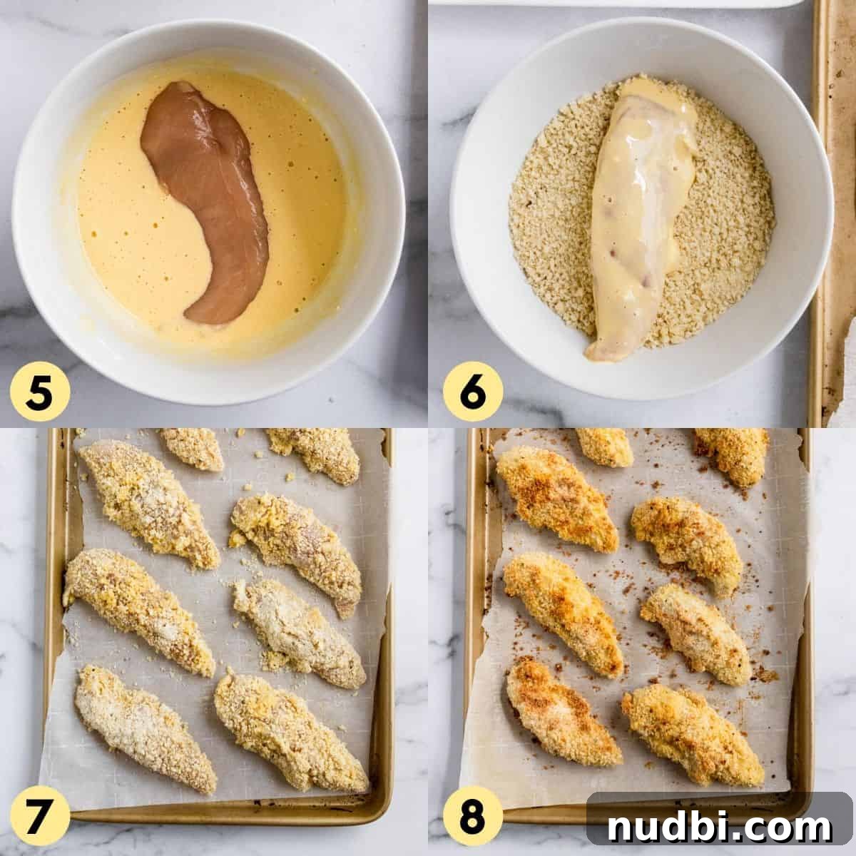 Crispy Cornmeal Chicken Tenders with Southern-Style Seasoning 5 Chicken tenders in breading and egg mixture.