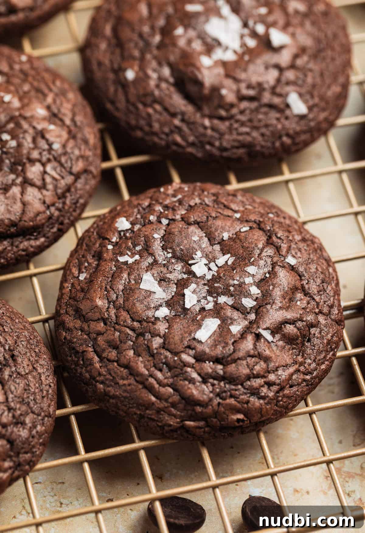 Chewy Brownie Mix Cookies Recipe for Rich Chocolate Treats 2 Brownie mix cookies on wire rack topped with flaked sea salt.