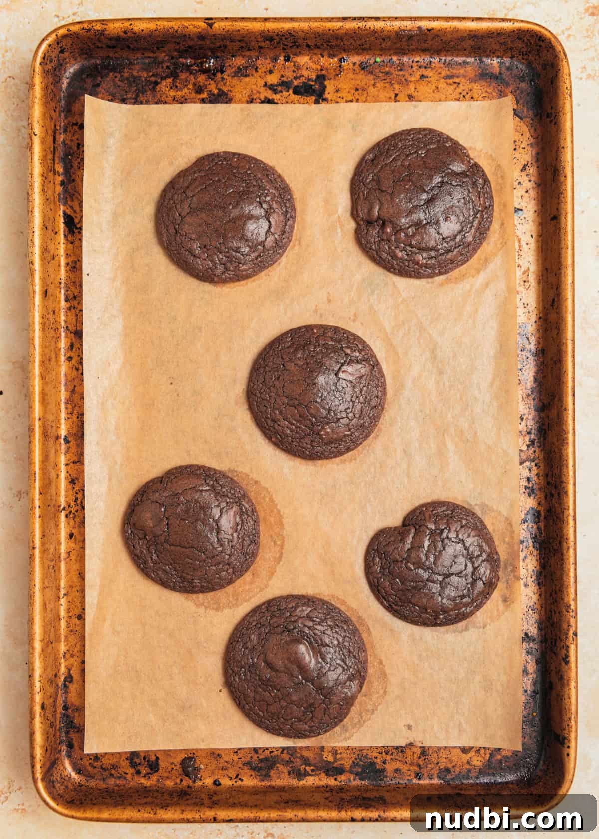Chewy Brownie Mix Cookies Recipe for Rich Chocolate Treats 8 Brownie cookies on baking sheet.