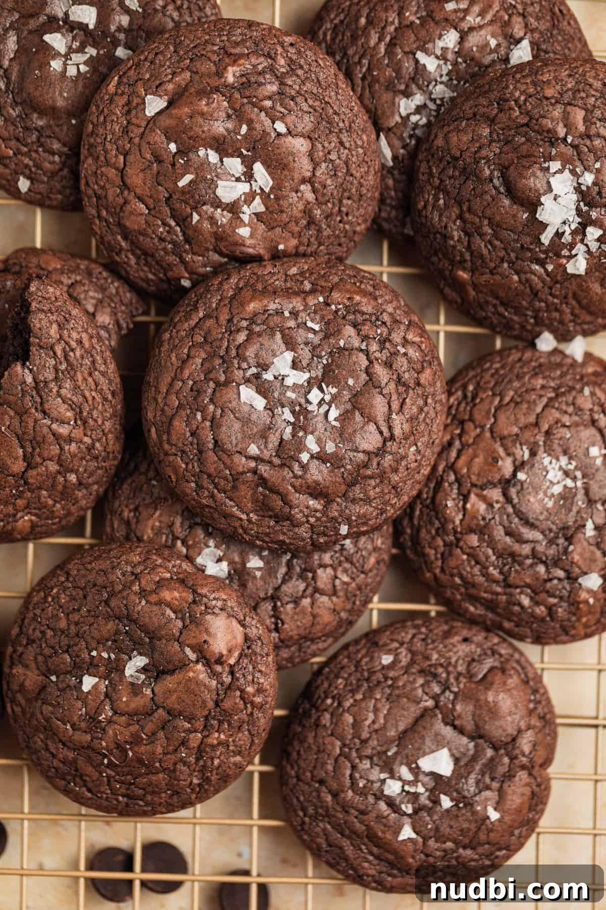 Chewy Brownie Mix Cookies Recipe for Rich Chocolate Treats 9 Fudgy cookies with salt on top on wire rack.