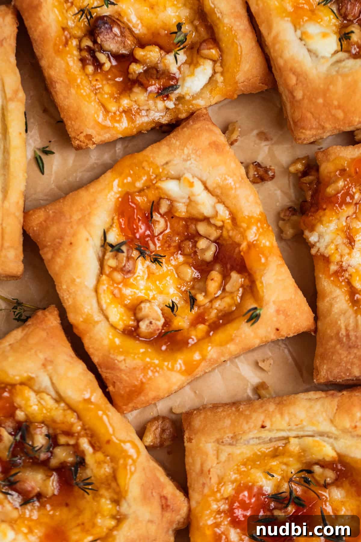 Crispy Goat Cheese Puff Pastry Tart Recipe 2 Goat cheese puff pastry squares topped with apricot jam and thyme.