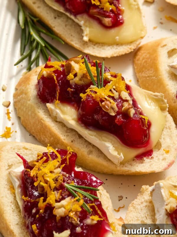 Crispy Goat Cheese Puff Pastry Tart Recipe 10 Cranberry topped brie crostini on plate topped with fresh rosemary and orange zest.