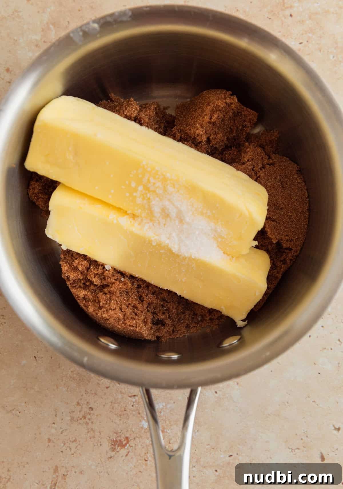 Salted Pretzel Toffee Crunch: Sweet and Salty Candy Recipe 6 Butter, brown sugar and salt in sauce pan.