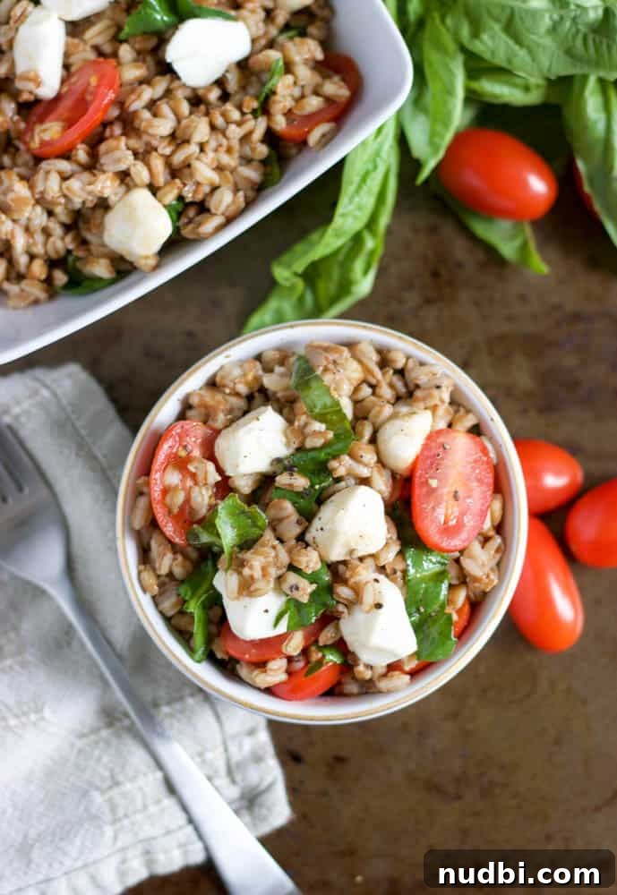 Caprese Farro Salad with Cherry Tomatoes, Basil & Mozzarella 4 Overhead shot of Caprese Farro Salad with serving dish beside.