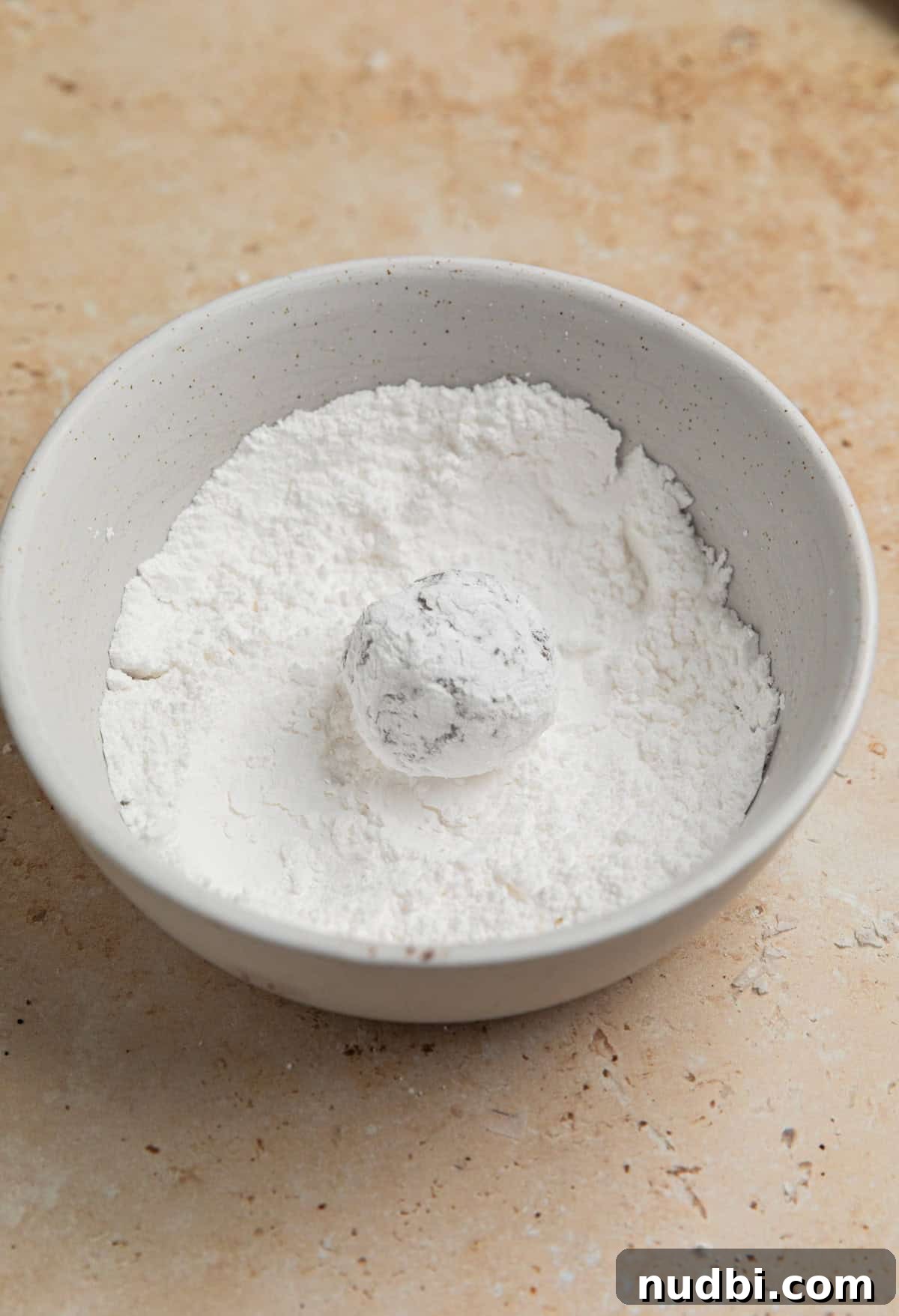Chocolate Crinkle Blossom Cookies Recipe: Soft Fudgy Chocolate Blossoms 6 Cookie dough ball rolled into powdered sugar.