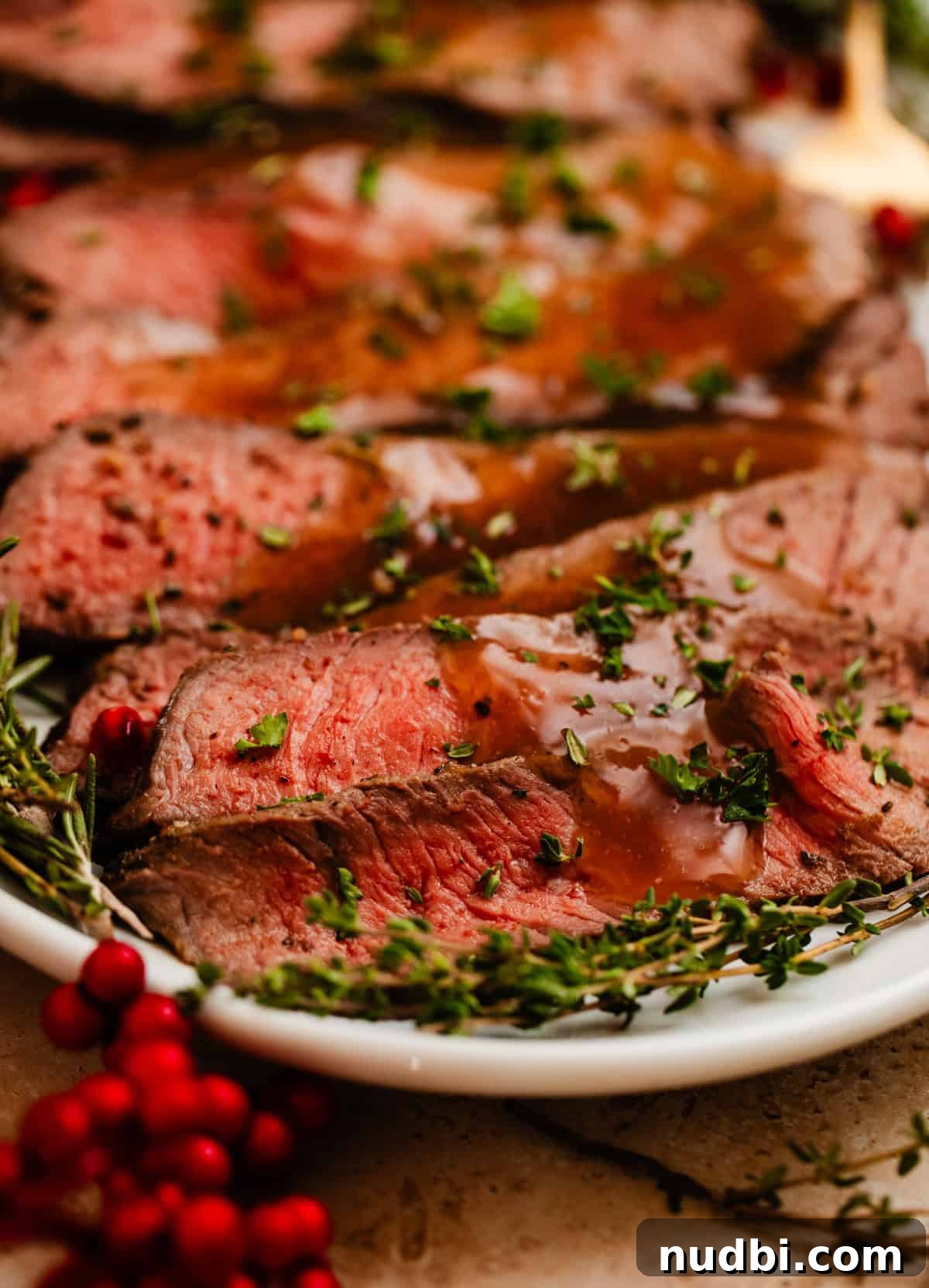 Juicy Top Round Roast Beef Recipe for Tender Slices 2 Top round roast beef on serving platter with gravy.