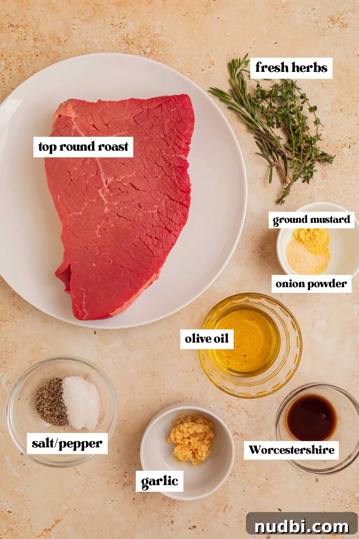 Juicy Top Round Roast Beef Recipe for Tender Slices 4 Cut of top round, olive oil, herbs and other ingredients for recipe.