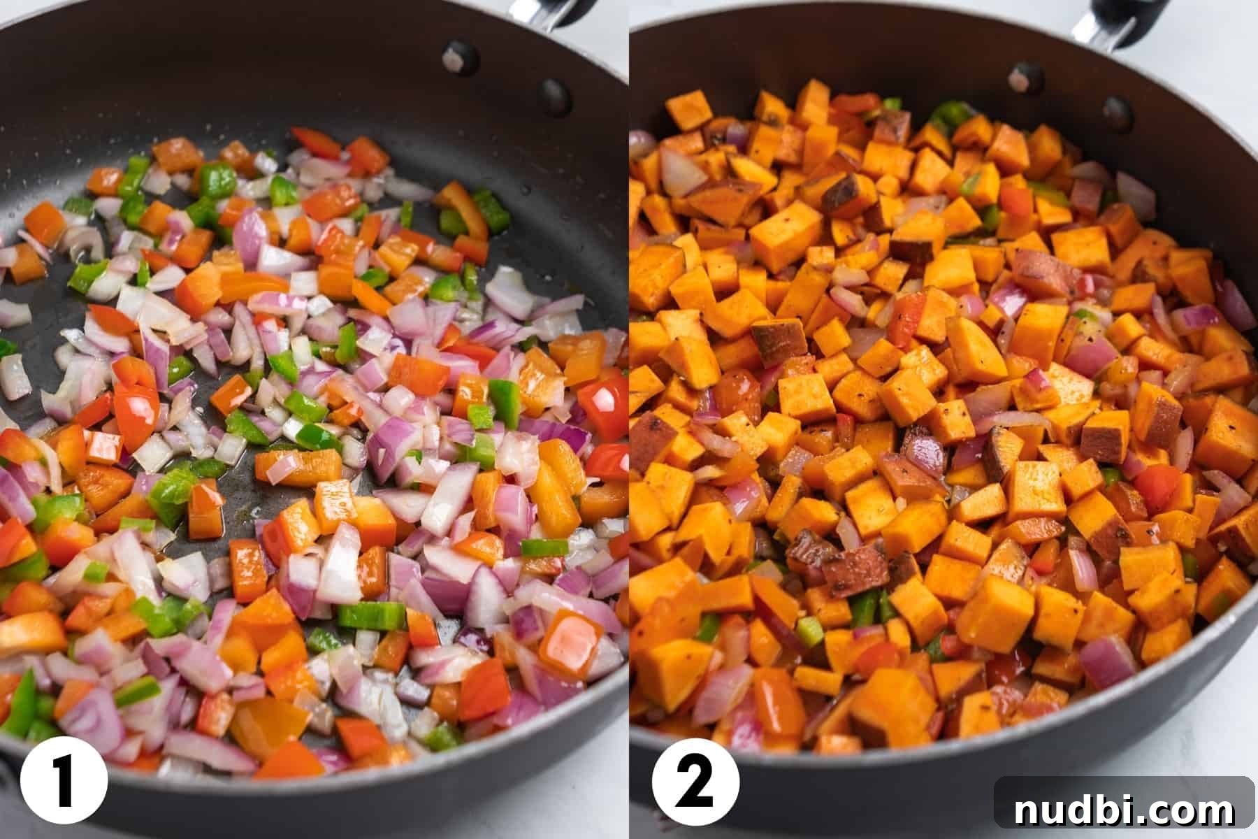 Savory Sweet Potato Breakfast Hash with Crispy Veggies 4 Skillet with onion and peppers and then with sweet potatoes and spices added in.