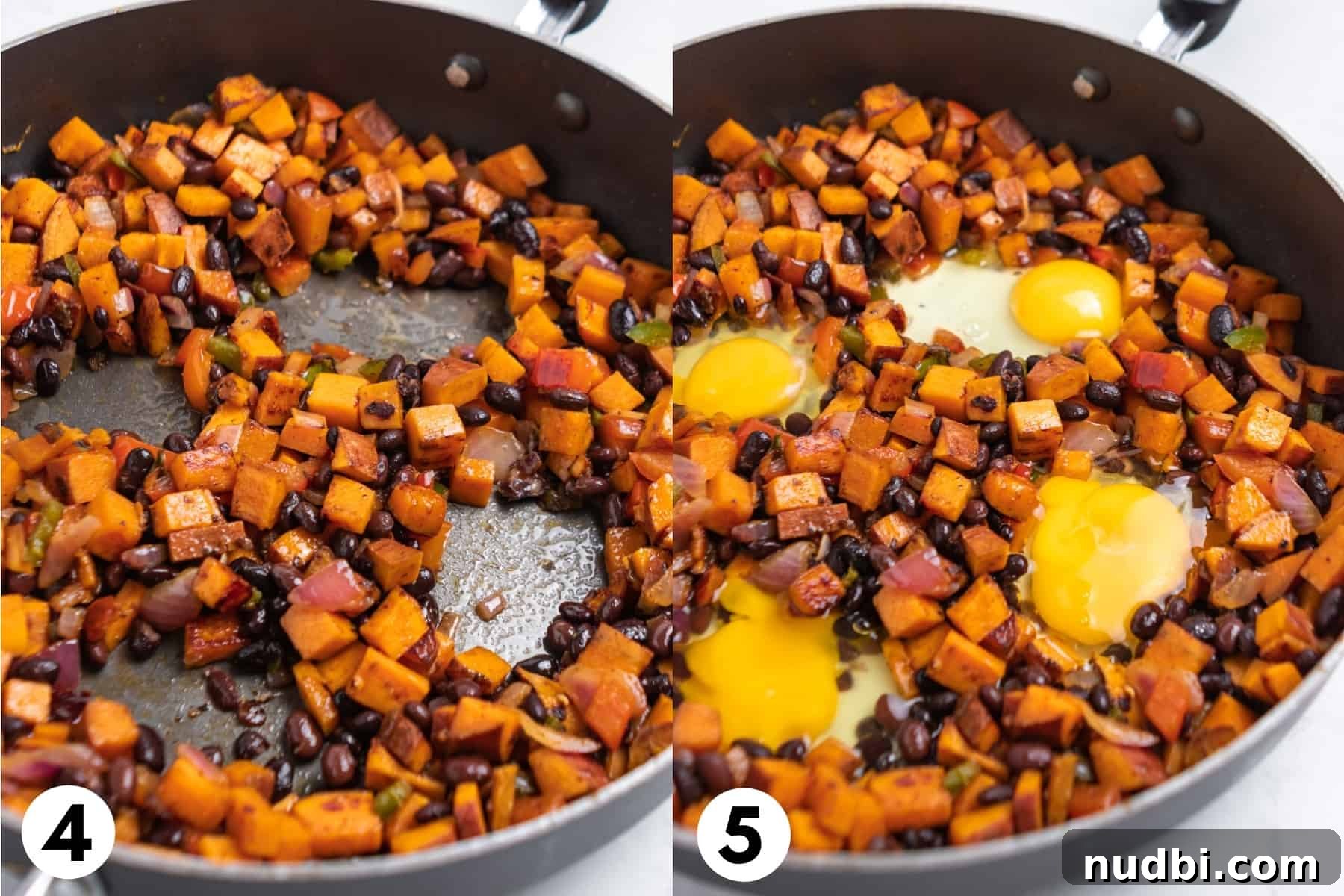 Savory Sweet Potato Breakfast Hash with Crispy Veggies 6 Holes in pan where eggs can be cracked and then eggs in each hole.