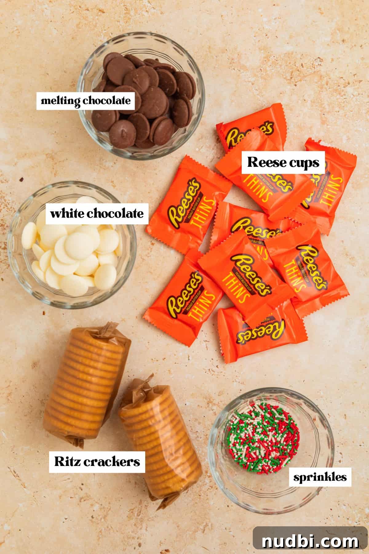 Ritz Cracker Cookies Stuffed with Reese's Cups 4 Reese cup thins, chocolate melting wafers, sprinkles and other ingredients.