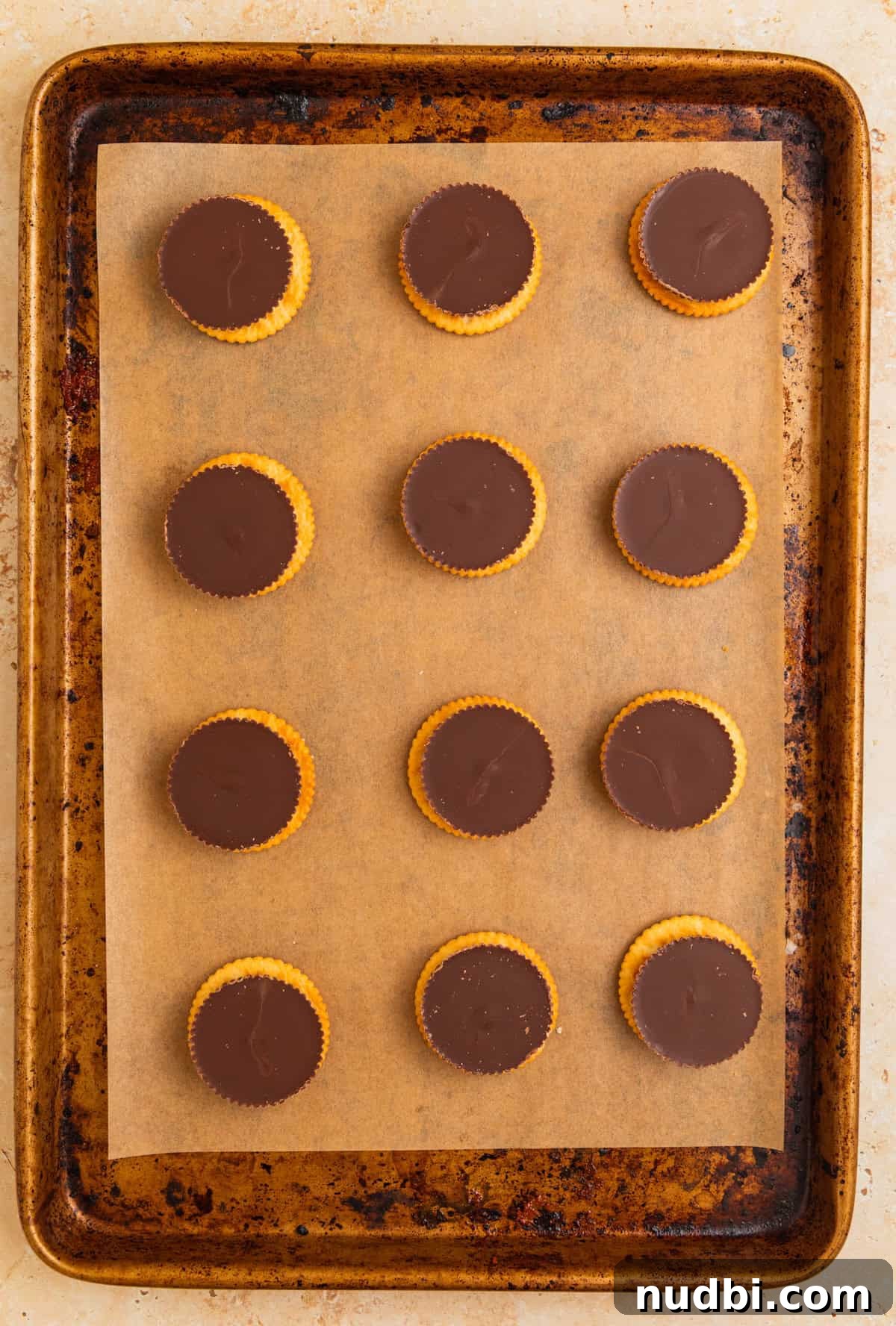 Ritz Cracker Cookies Stuffed with Reese's Cups 5 Reese cup thin on ritz crackers on parchment lined baking sheet.