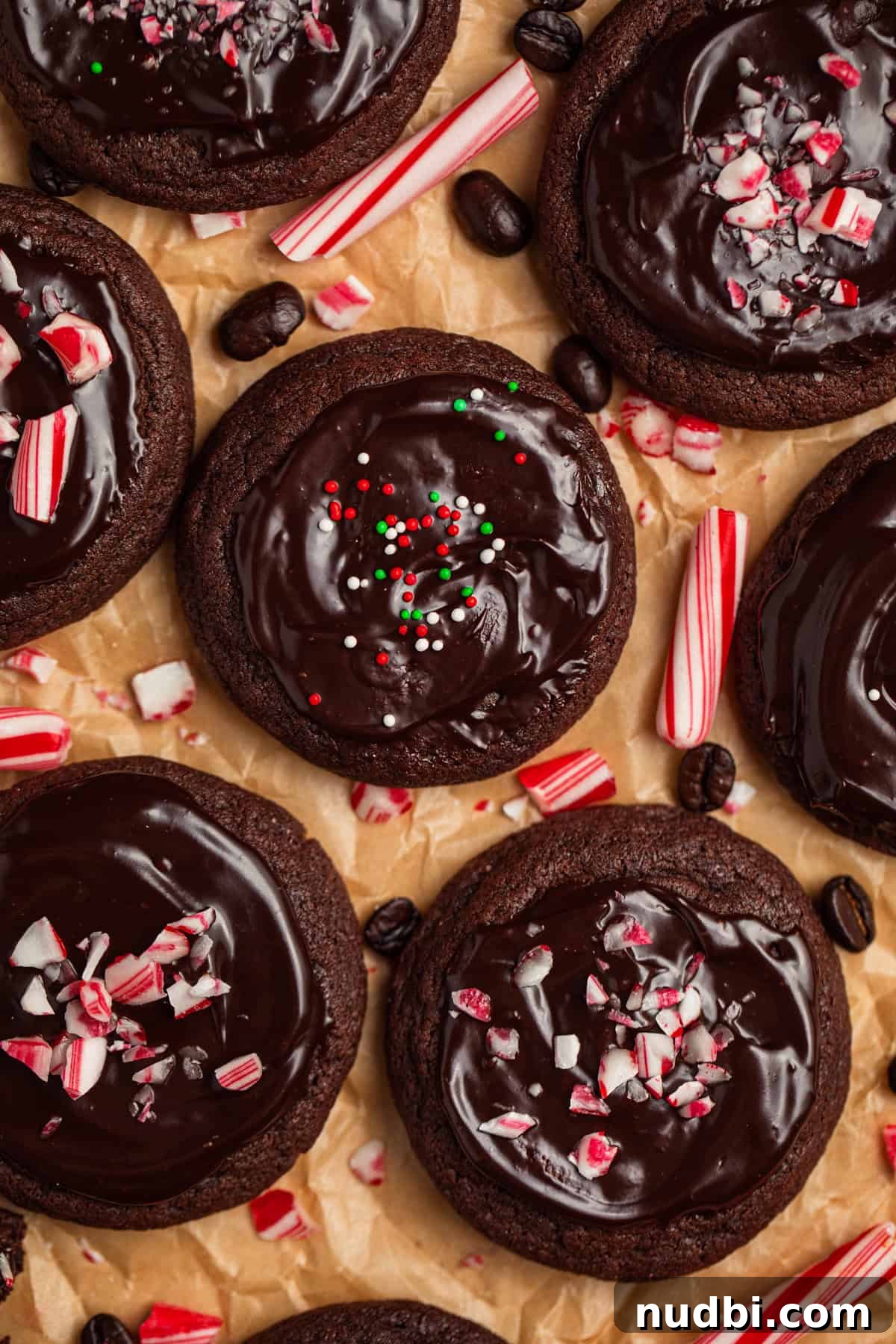 Peppermint Mocha Cookie Recipe — Chocolate Coffee Holiday Cookies 15 Parchment paper with peppermint espresso cookies.