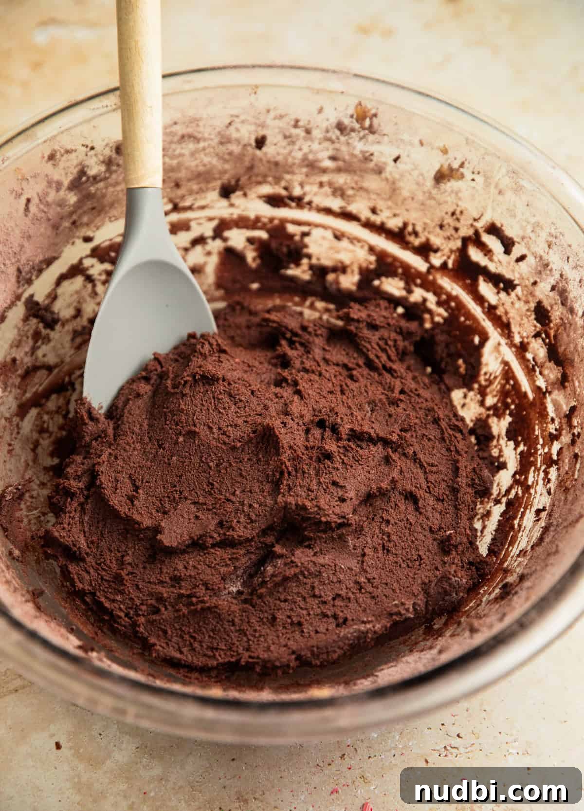 Peppermint Mocha Cookie Recipe — Chocolate Coffee Holiday Cookies 9 Peppermint mocha cookie dough in bowl with spatula.