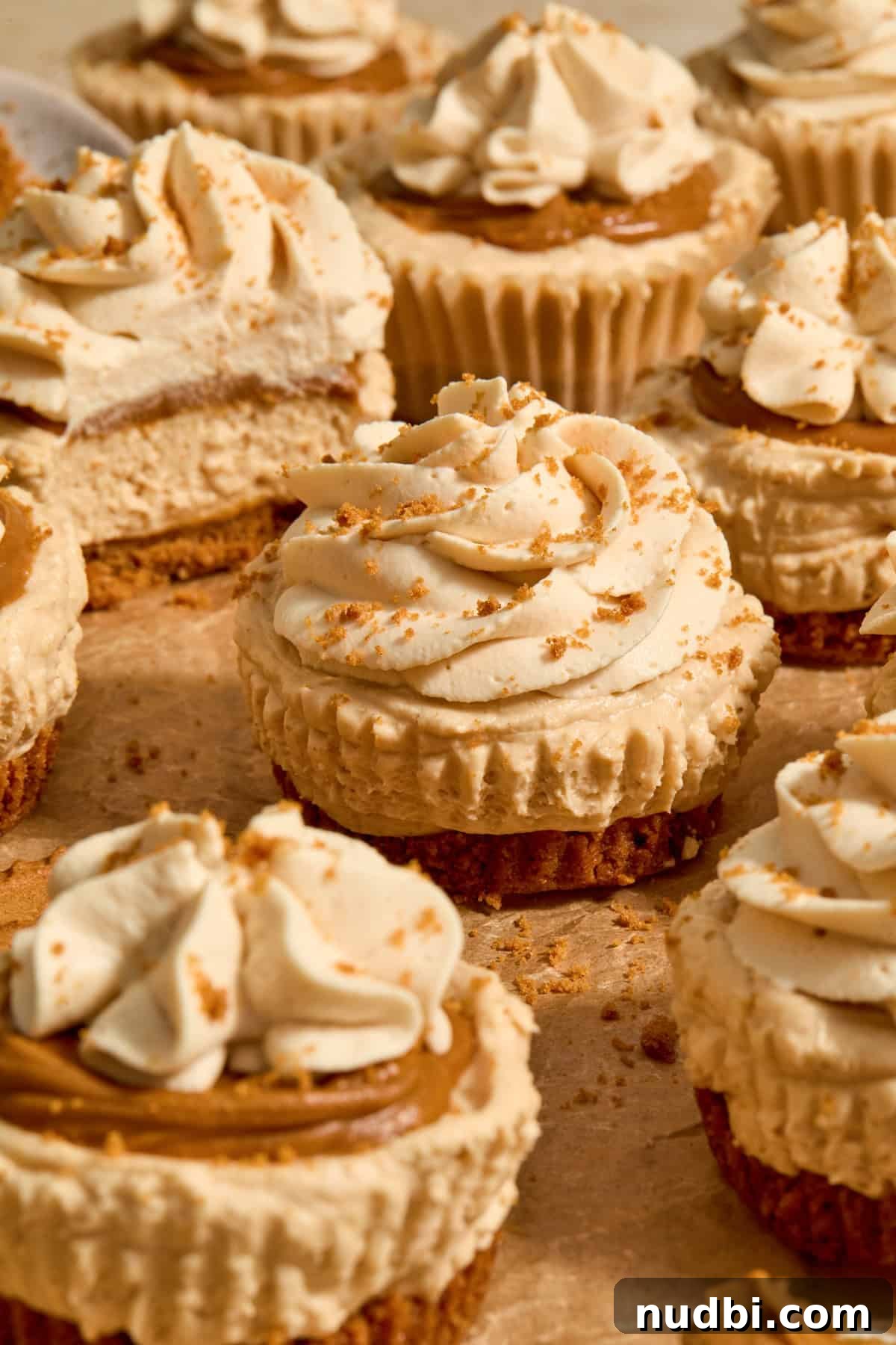 No-Bake Mini Biscoff Cheesecakes Recipe for Crowd-Pleasing Treats 2 No-bake mini biscoff cheesecakes topped with cookie butter whipped cream on parchment.