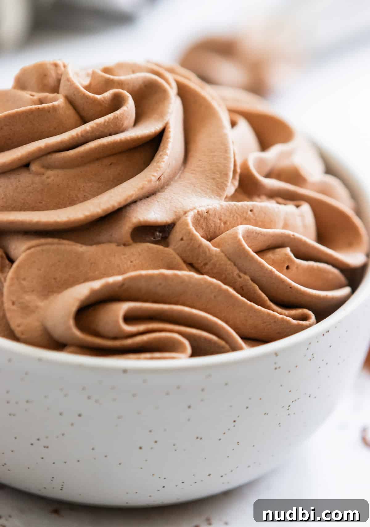 Light and Fluffy Chocolate Whipped Cream Recipe 2 Bowl of chocolate whipped cream with the whipped cream piped.