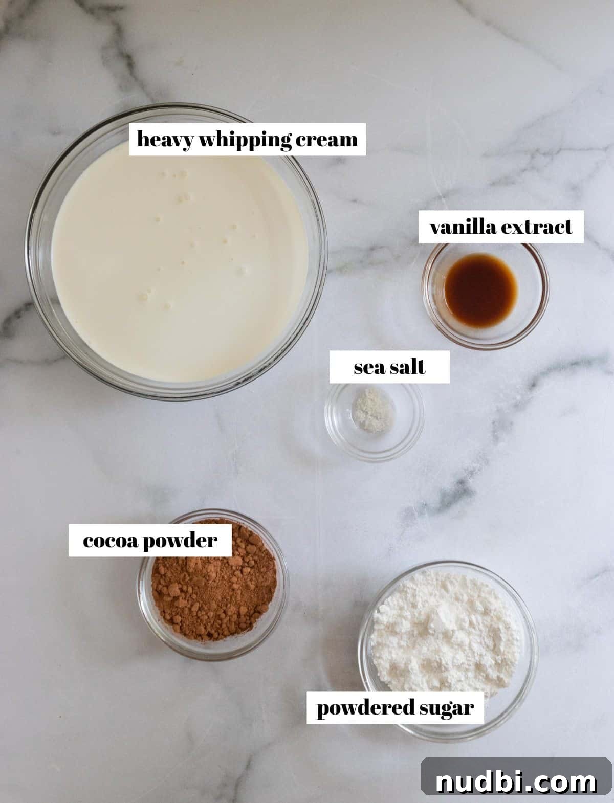 Light and Fluffy Chocolate Whipped Cream Recipe 3 Cream, cocoa, powdered sugar, vanilla and salt on a counter and labeled.