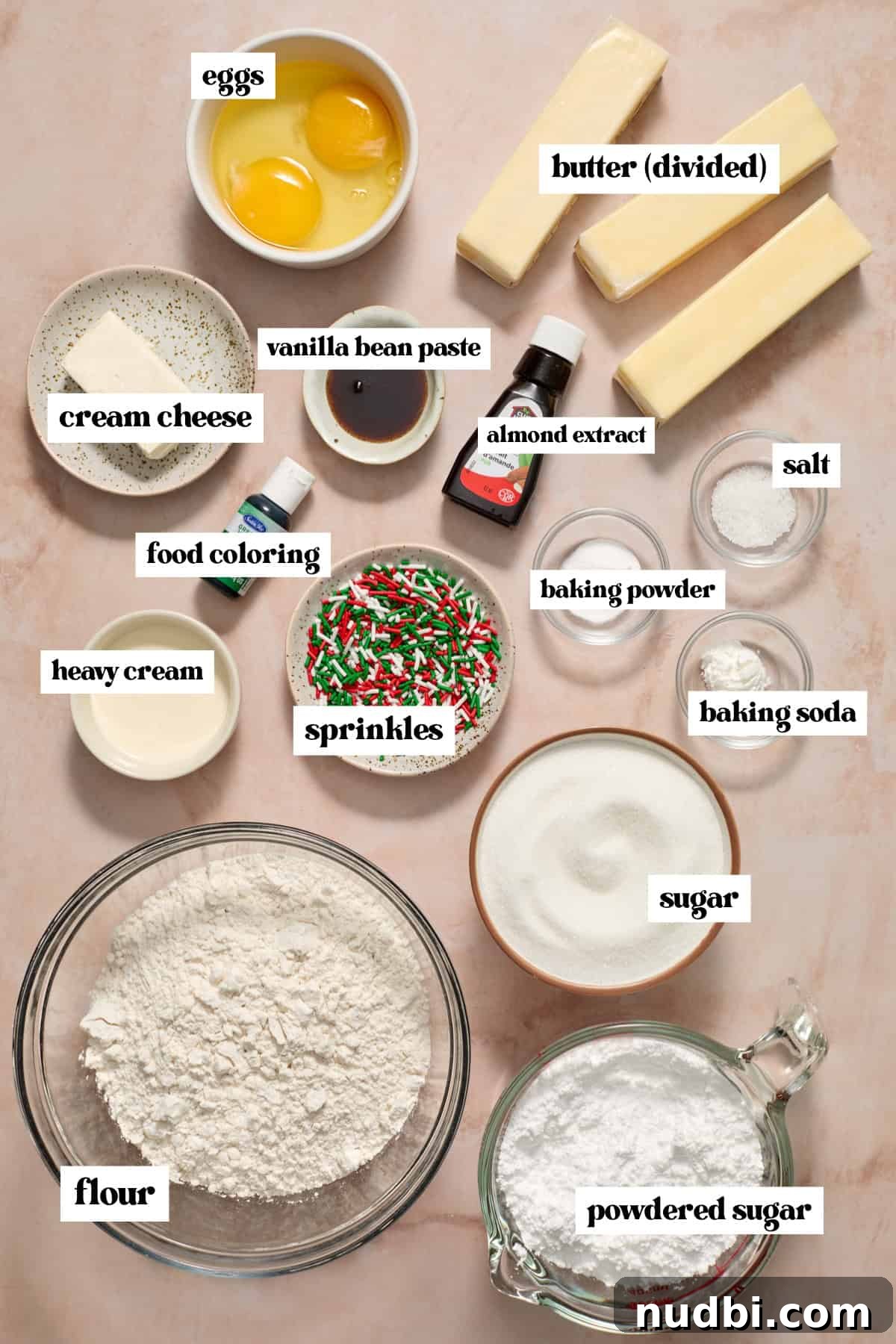 Christmas Sugar Cookie Bars Recipe with Festive Frosting 4 Butter, sugar, flour and other ingredients arranged on surface.