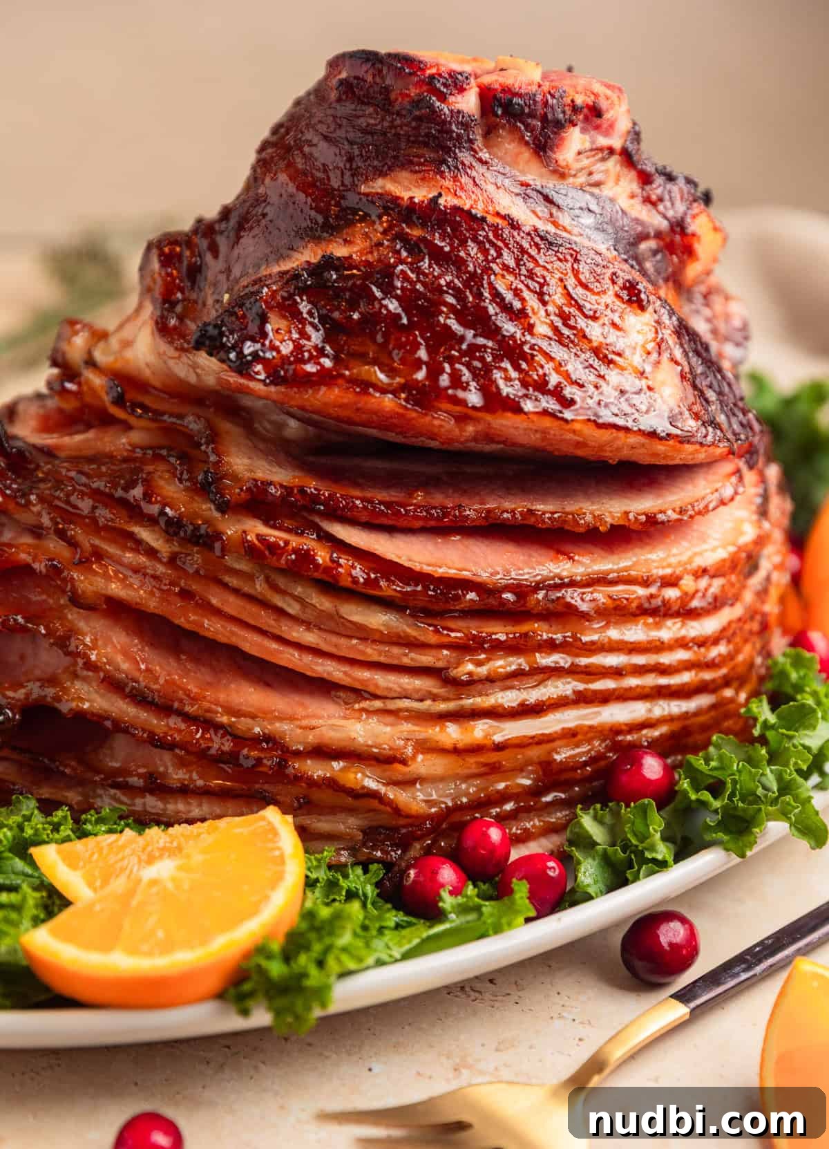 Apricot-Glazed Ham Recipe for Holidays and Entertaining 2 Apricot glazed spiral ham on plate with kale, orange slices and cranberries.
