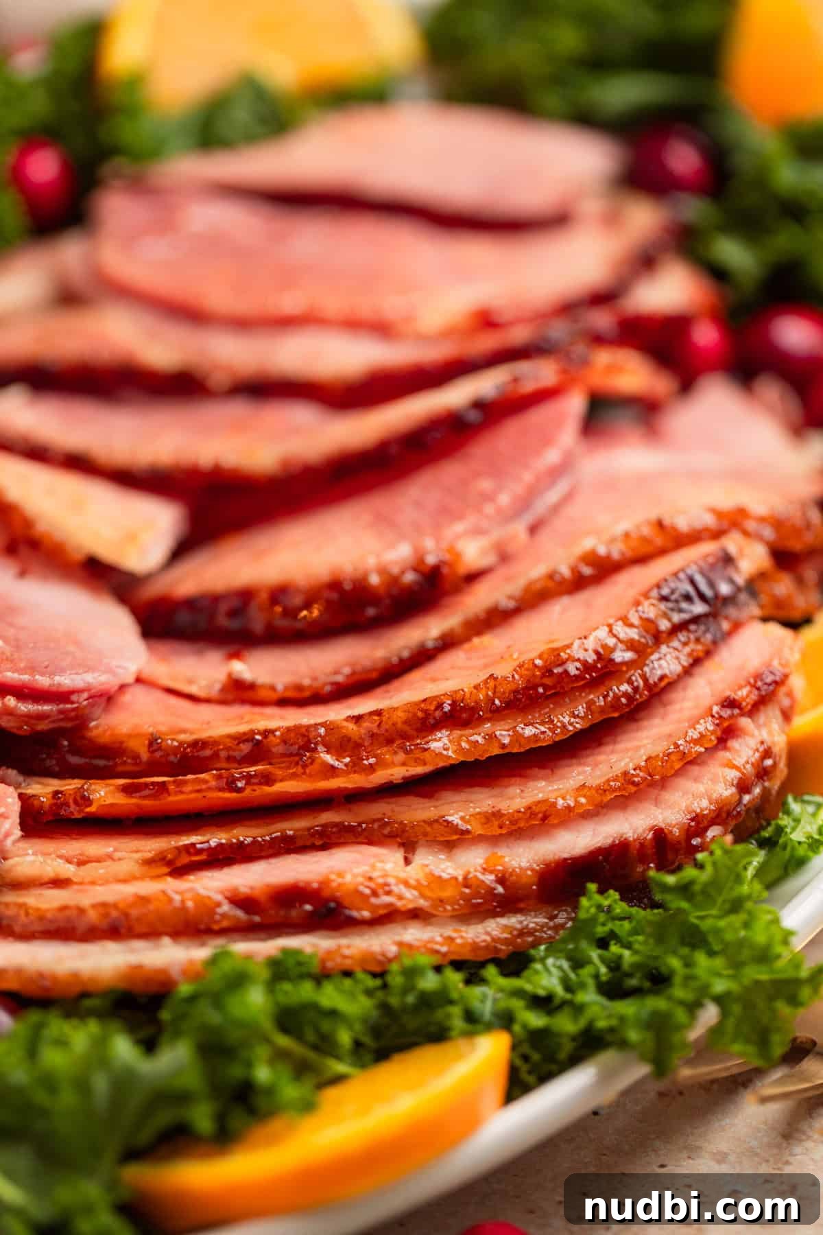 Apricot-Glazed Ham Recipe for Holidays and Entertaining 11 Sliced apricot glazed ham on plate with greens.